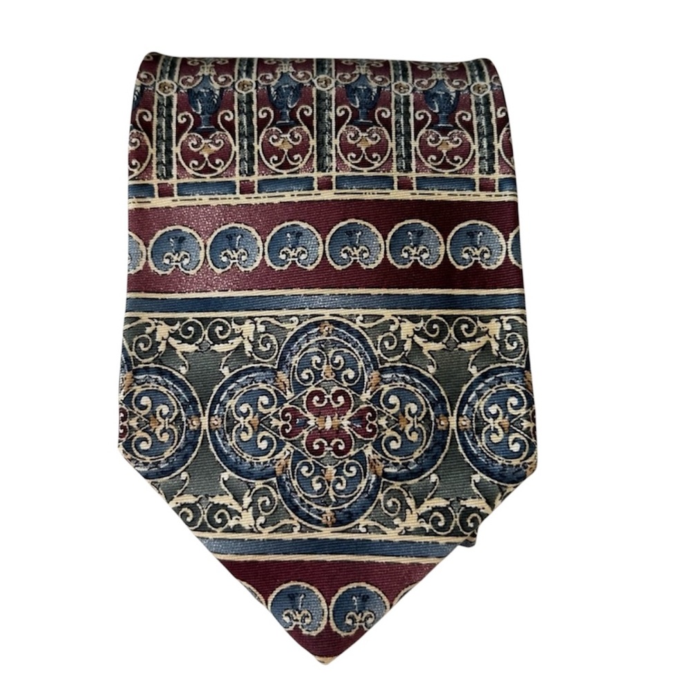 ETIENNE AIGNER Silk Tie Mens Geometric Multicolor Maroon Blue Olive